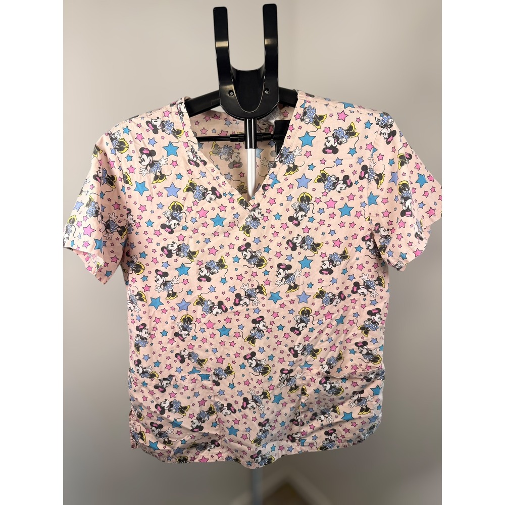 Disney Minnie Mouse Scrub Top Pink Star Print V-Neck Medical Uniform Small 6